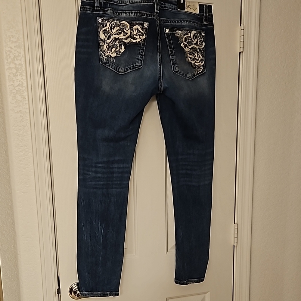 Miss Me Dark Blue Skinny Jeans with Floral Embroidery